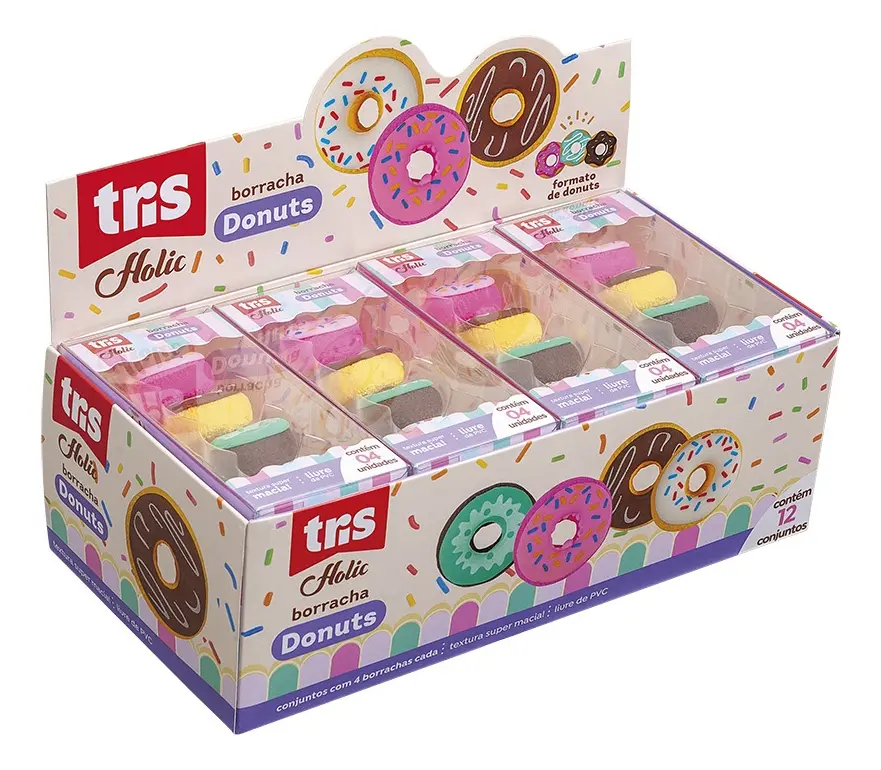 Borracha Escolar Donuts Holic Fofurices Blister C/ 4 Un Tris